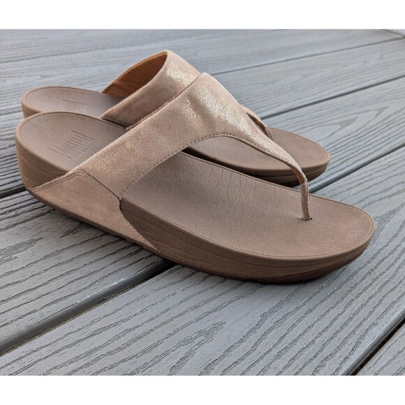 FitFlop Womens 10 Sandals Lulu Shimmy Rose Gold Toe Post Slip-On T-Bar Leather - Picture 1 of 12